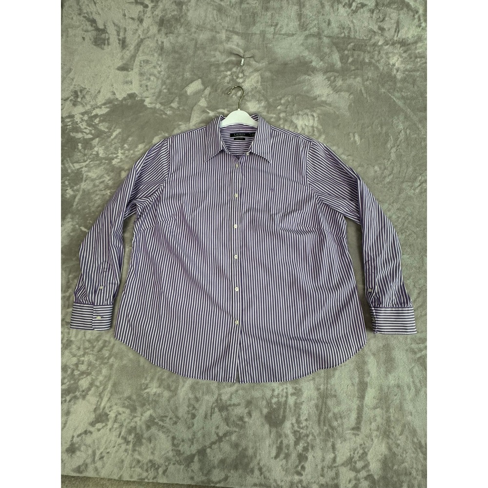 Lauren Ralph Lauren Women's Purple White Stripe Non Iron Button Down Shirt 1X
